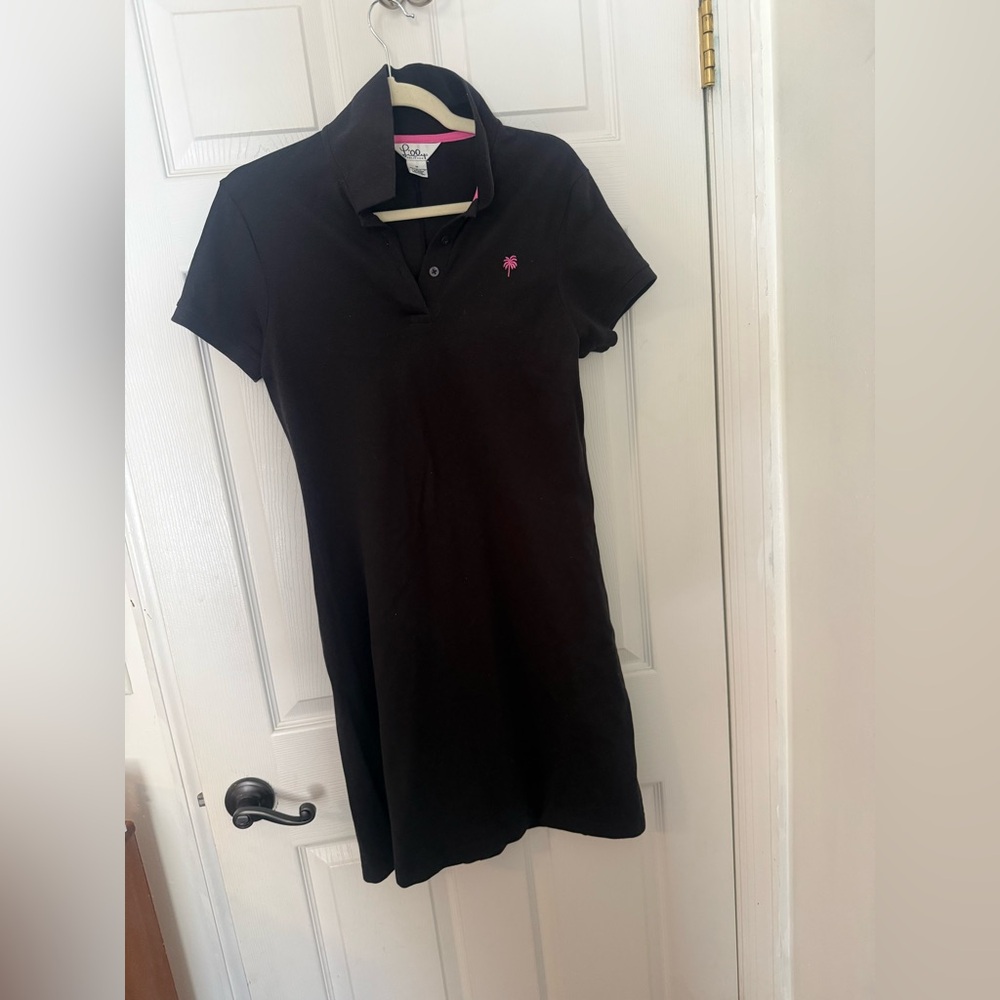 Vintage Lilly Pulitzer Black Polo Dress with Pink Palm Logo